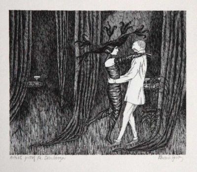 Victoria Scone and Horace Gollop (The Other Statue)
Edition of 125 signed and numbered. Serigraph printed in 1975 by Domberger for Diogenes Verlag.
